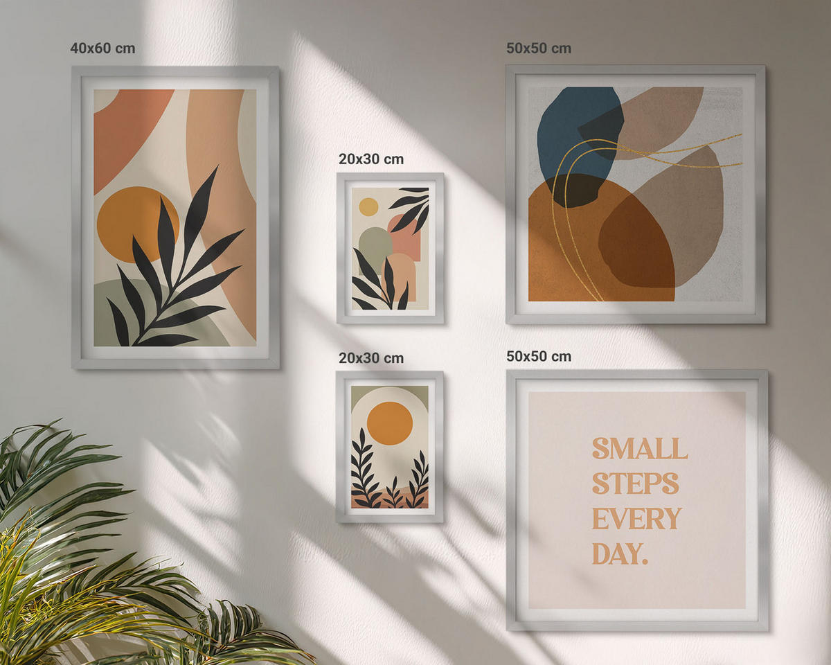 WANDBILDER 5er Set - 50x50 cm & 20x30 cm & 40x60 cm Silberner Rahmen - Moderne Pflanzenmotive - Silberfarben, Kunststoff (40/60cm) - ArtPrintCave