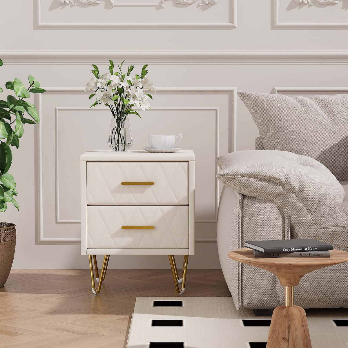 2ER Set Nachttisch Beige PU – Moderner Nachttisch mit 2 Schubladen - Beige, Holz (35.5/51/41cm)