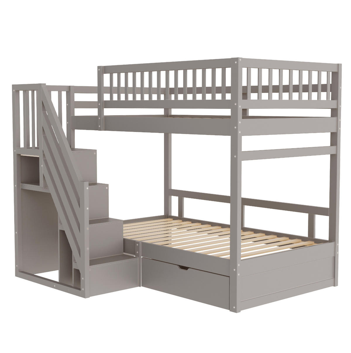 ETAGENBETT 90/200 cm mit Stauraumtreppe, Schublade, Lattenrosten und hohem Sicherheitsgeländer, Grau - Grau, Holzwerkstoff (90/200cm) - Redom