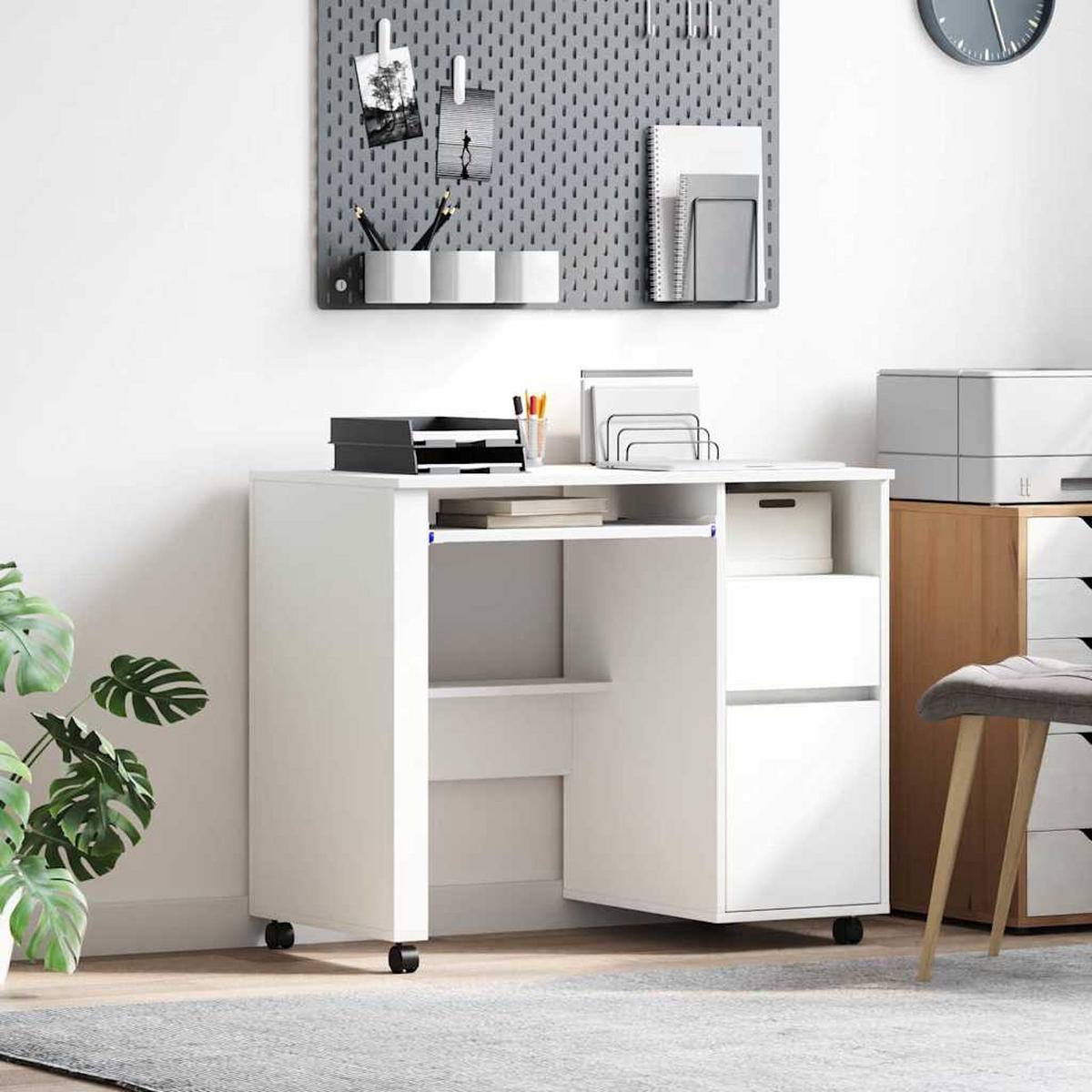 TISCH Mit Rädern Mit Regal Weiss 91/50/77 Cm Holzwerkstoff - Weiß, Holzwerkstoff (91/50/77cm) - vidaXL