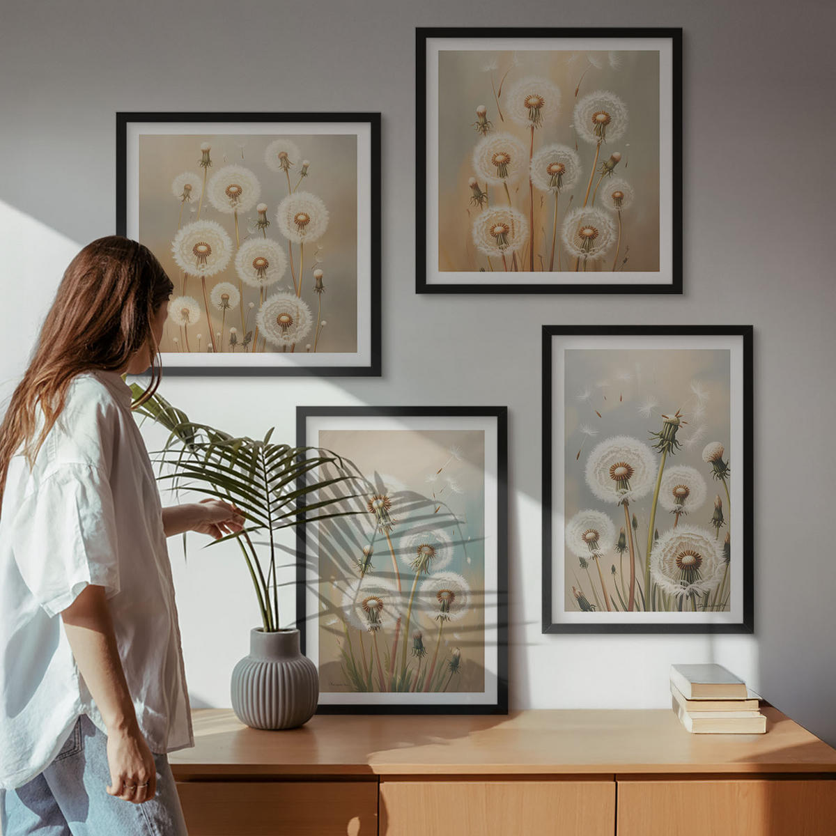 WANDBILDER 4er-Set - 50x50 cm & 40x60 cm Schwarzer Rahmen - Pastellfarbene Löwenzahnblüten - Schwarz, Kunststoff (50/50cm) - ArtPrintCave