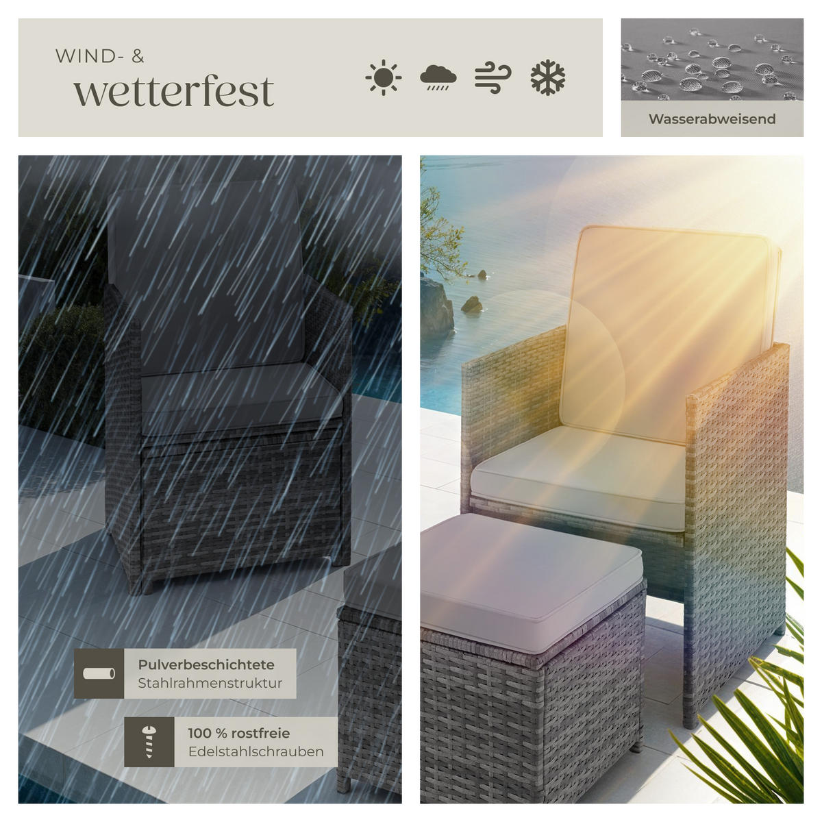 RATTAN SITZGRUPPE Palermo,inklusive Flaschenöffner, zusammenschiebbar,grau - Grau, Kunststoff - tectake