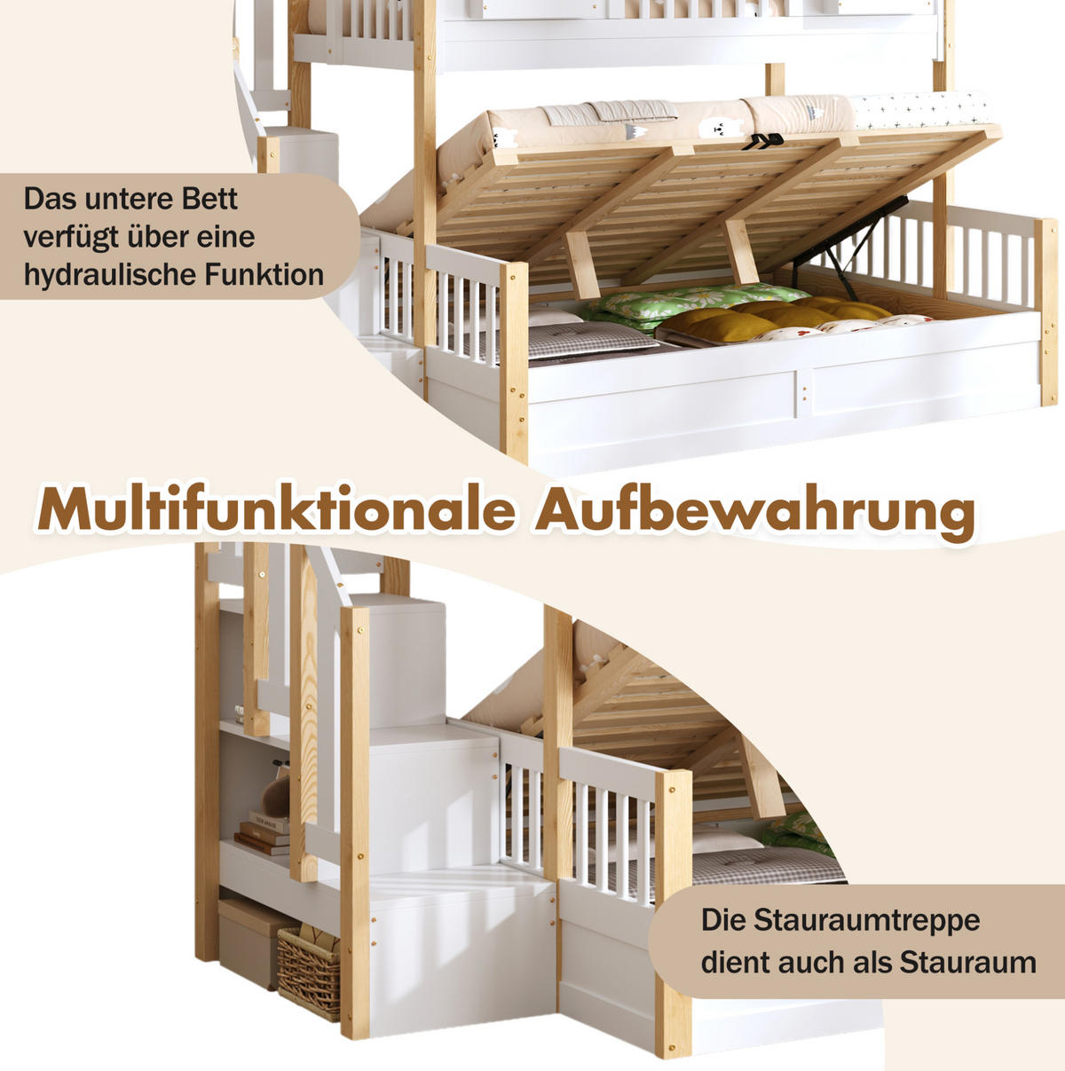 ETAGENBETT aus Kiefer 90x200+140x200 cm Weiß mit hydraulischem Unterbett, Stauraumtreppe und LED - Weiß, Holz (90/200cm) - Modfu