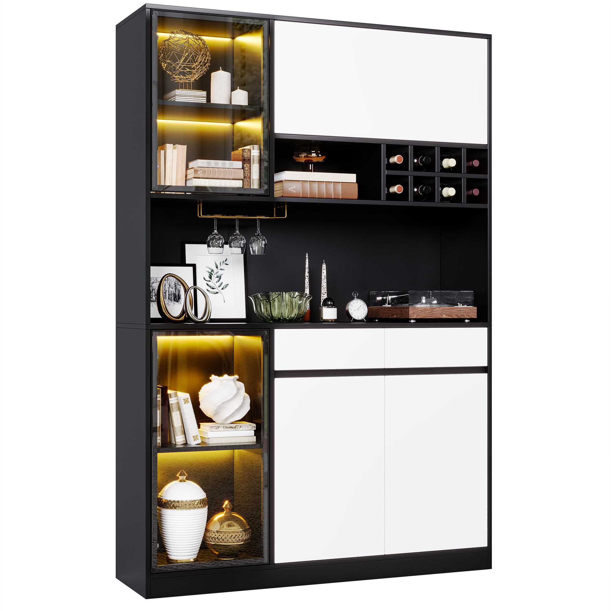 HOCHSCHRANK mit LED, Türen und Schubladen - Schwarz/Weiß, Holzwerkstoff (120/180/35cm) - FLIEKS