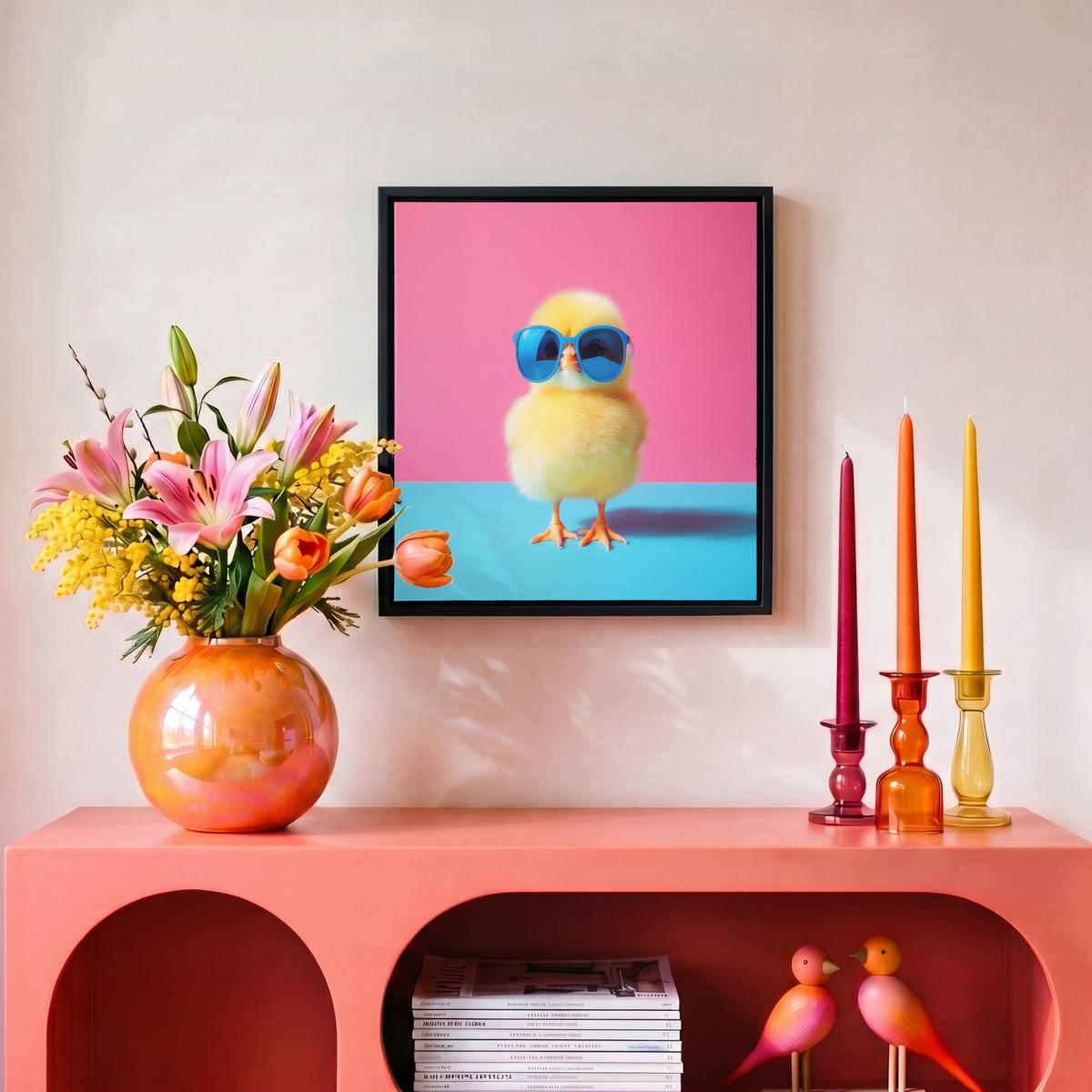LEINWAND Bilder mit Rahmen - Chick - Sonnenbrille - Blau - 20x20 - Pink, Textil (20/20cm) - MuchoWow