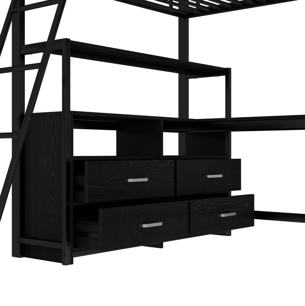 HOCHBETT mit Schreibtisch 140/200 cm in Schwarz – mit Stauraum und Metallrahmen - Schwarz, Metall (140/200cm) - BEAOK