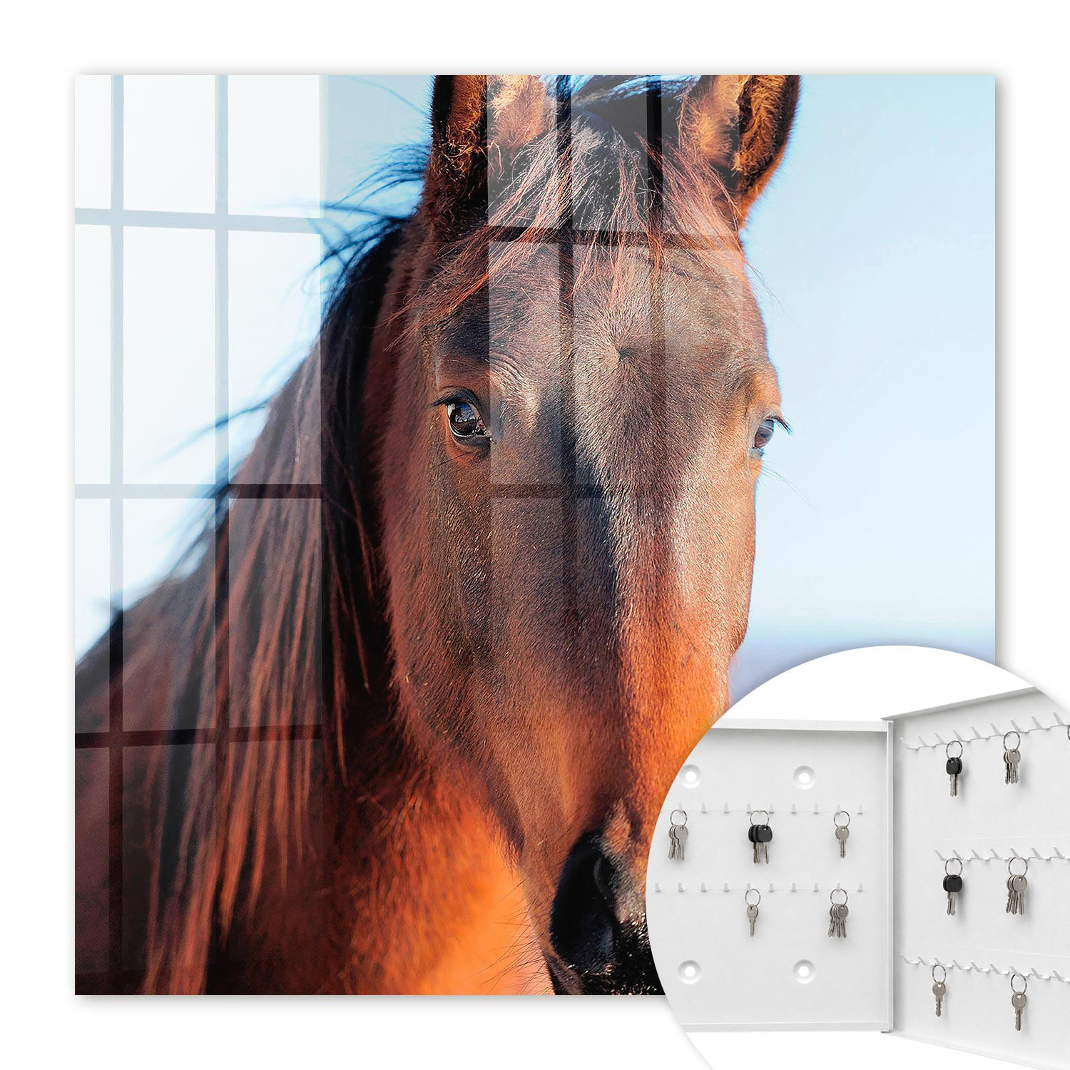 SCHLÜSSELBOX Weiß 30x30 cm – Türöffnung nach rechts - Porträt eines Pferdes - Braun, Metall (30/30/5cm) - TULUP