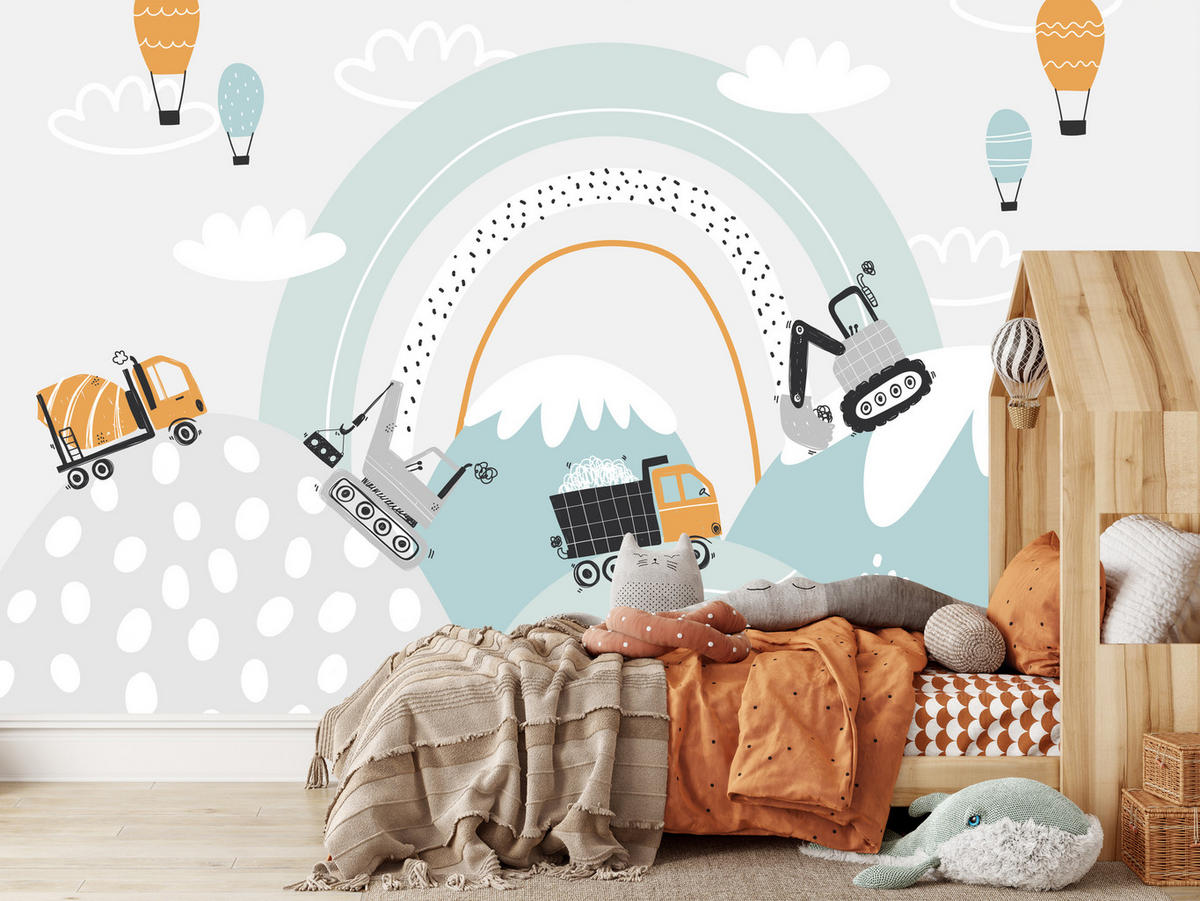 FOTOTAPETE für Kinderzimmer Baumaschinen Regenbogen Hügel Wolken 300x210 - Blau/Schwarz, Papier (300/210cm) - Muralo