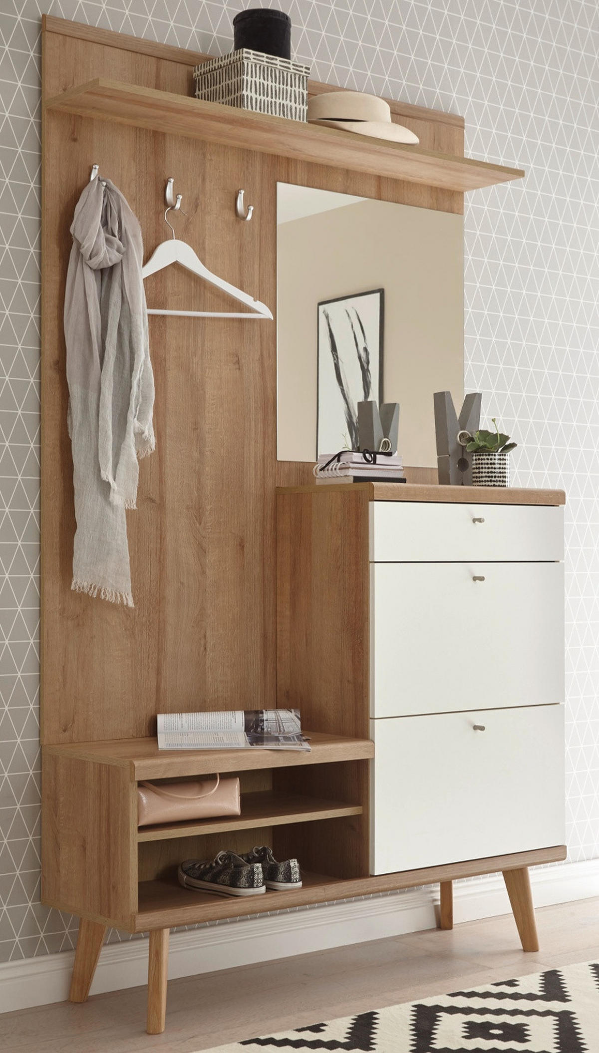 GARDEROBE weiß, Eiche Riviera, Kompaktgarderobe skandinavisch, 110 x 200 cm - Eichefarben/Silberfarben, Holzwerkstoff/Metall (110/200/34cm) - Furn.Design