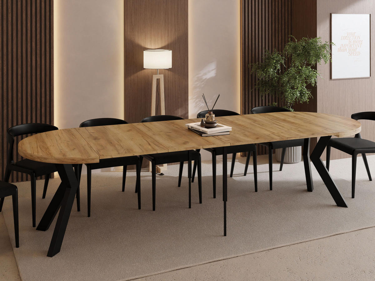 ESSTISCH Savio rund ausziehbar verlängerbar XXL, Eiche Braun 100-300/100/77 cm - Eiche Wotan/Schwarz, Holz/Holzwerkstoff (100/100/77cm) - WFL GROUP