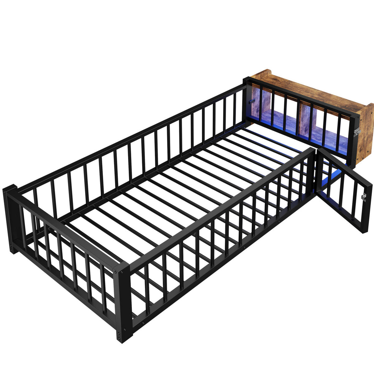 KINDERBETT 90/200 cm aus Metall mit Schutzgeländer und LED-Beleuchtung - Schwarz, Holzwerkstoff (90/200cm) - Flora Grace