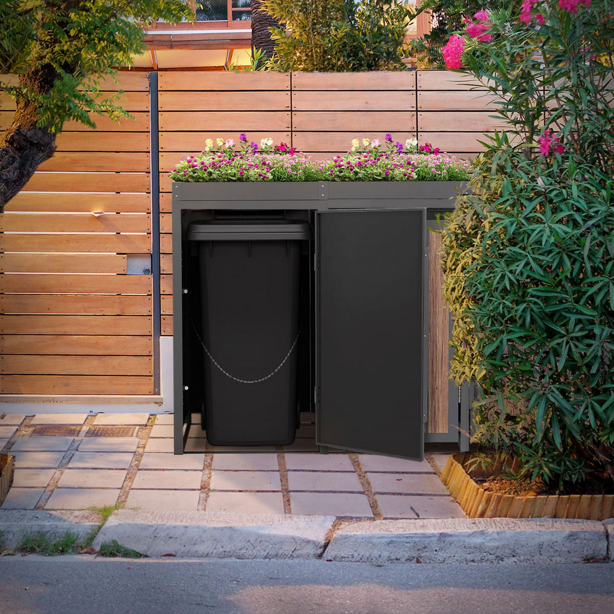 MÜLLTONNENBOX 4er mit Pflanzdach 240L Anthrazit-Holzoptik aus Stahl - Dunkelbraun, Metall (80/124/260cm) - ML-DESIGN