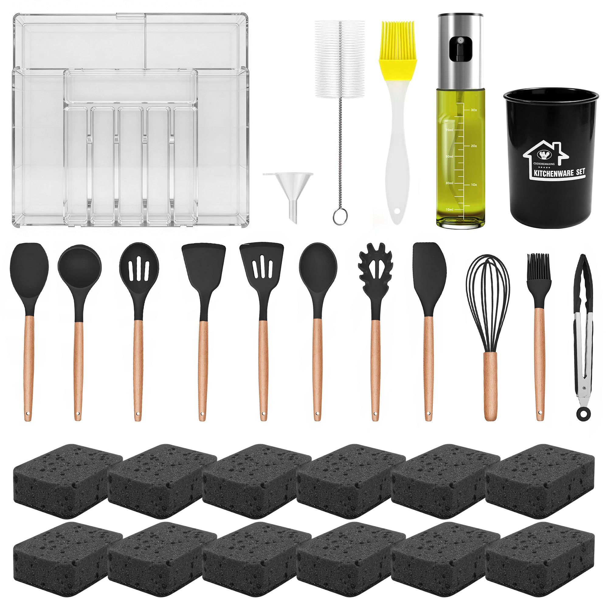 KÜCHENHELFER Set 48-teilig mit Schwämmen, Ölspender, Organizer, Gewürzstreuer - Schwarz, Kunststoff