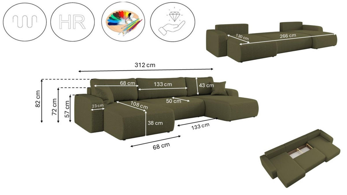 ECKSOFA U-Form Mit Schlaffunktion Und Bettkasten MILANO Stoff Olive - Olivgrün, Holz (312/145cm) - Kaiser Möbel