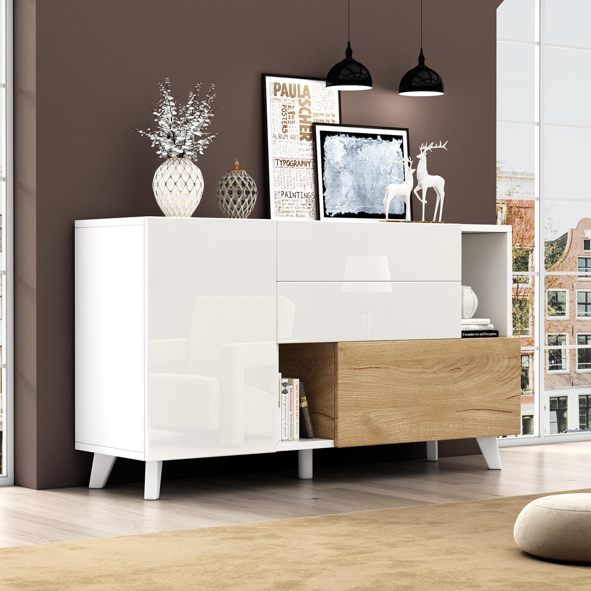 SIDEBOARD Weiß Holz Hochglanz Modern Stauraum Esszimmer - Multicolor, Holzwerkstoff (40/70/130cm) - FLIEKS