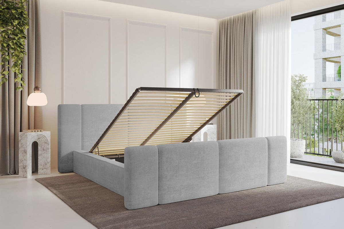 POLSTERBETT mit Bettkasten, Fußteil und Lattenrost, Bett mit Matratze H3/H4 - RIVO-Z 140x200 Grau - Hellgrau, Holzwerkstoff/Textil (140/200cm) - ALTDECOR