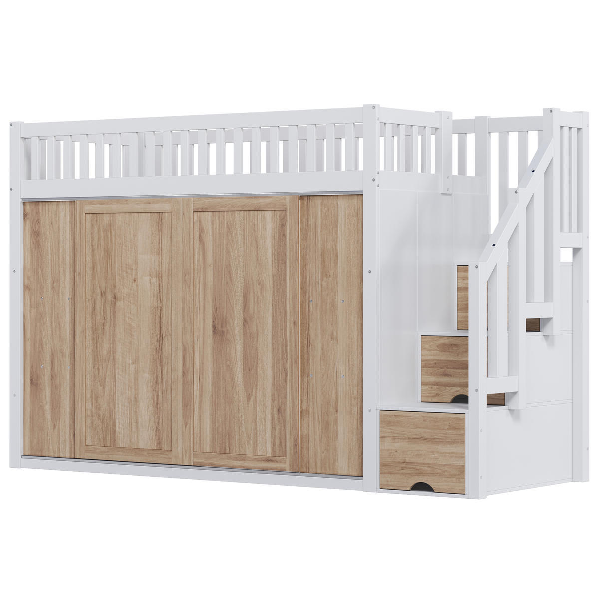 HOCHBETT 90/200 cm mit Kleiderschrank, Treppenschrank und App-gesteuerter LED-Lichtleiste, Weiß/Eichefarben - Weiß, Holzwerkstoff (90/200cm) - Redom