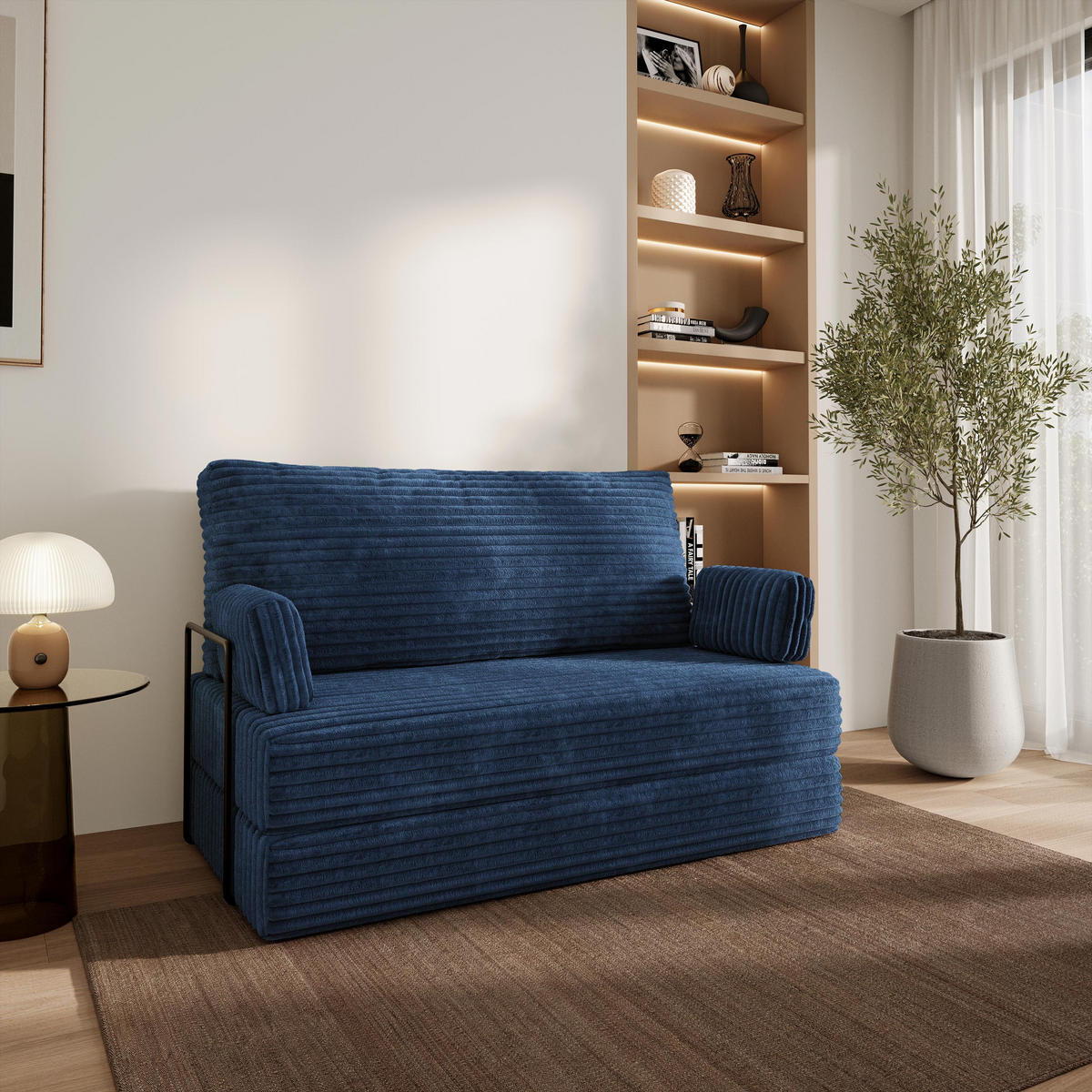 BETTSOFA LADIA aus Schaumstoff Cordstoff Blau Schlaffunktion - Blau, Textil (140/86/60cm) - MASSENO