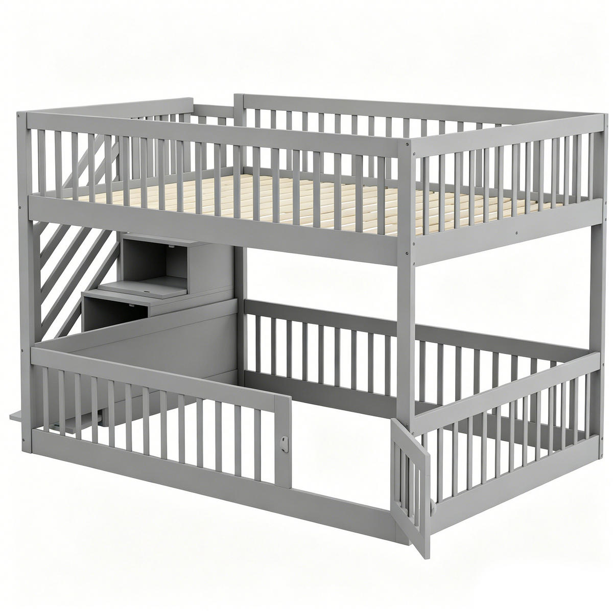 ETAGENBETT mit Stauraumtreppe 140 x 200 cm Massivholz Grau - Grau, Holzwerkstoff (140/200cm) - Beauniv