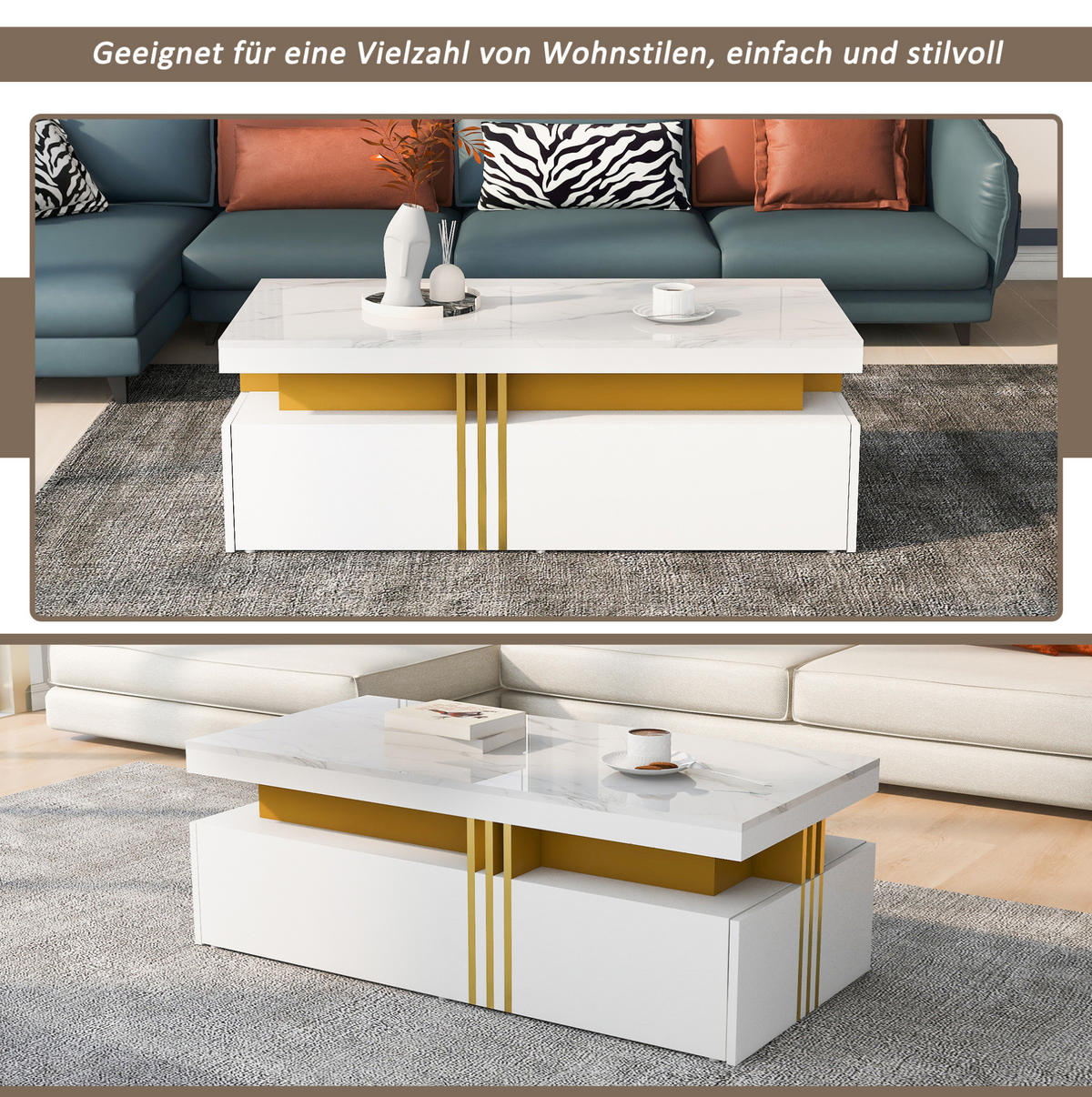 COUCHTISCH aus Spanplatte 100x50x40 cm Weiß mit 2 Schubladen, Hochglanzplatte und marmorierter Tischplatte - Weiß, Holzwerkstoff (100/50/40cm) - Modfu