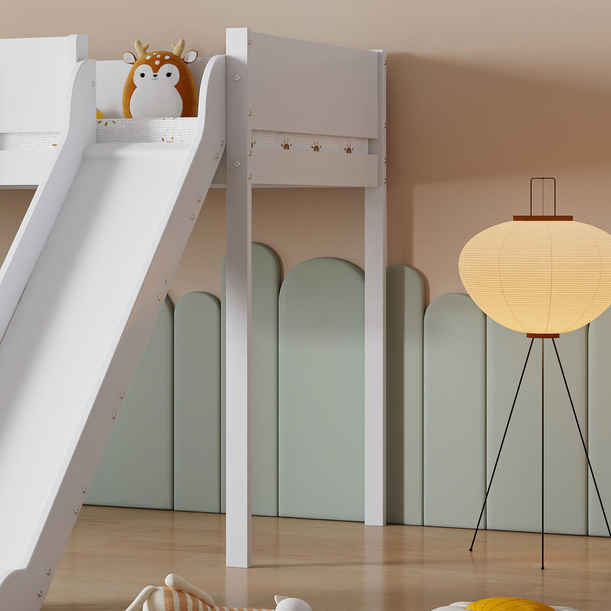 HOCHBETT aus Kiefer und MDF 90x200 cm Weiß/Natur mit Rutsche, gerader Leiter und abnehmbarem Regal - Weiß, Holzwerkstoff (90/200cm) - Modfu