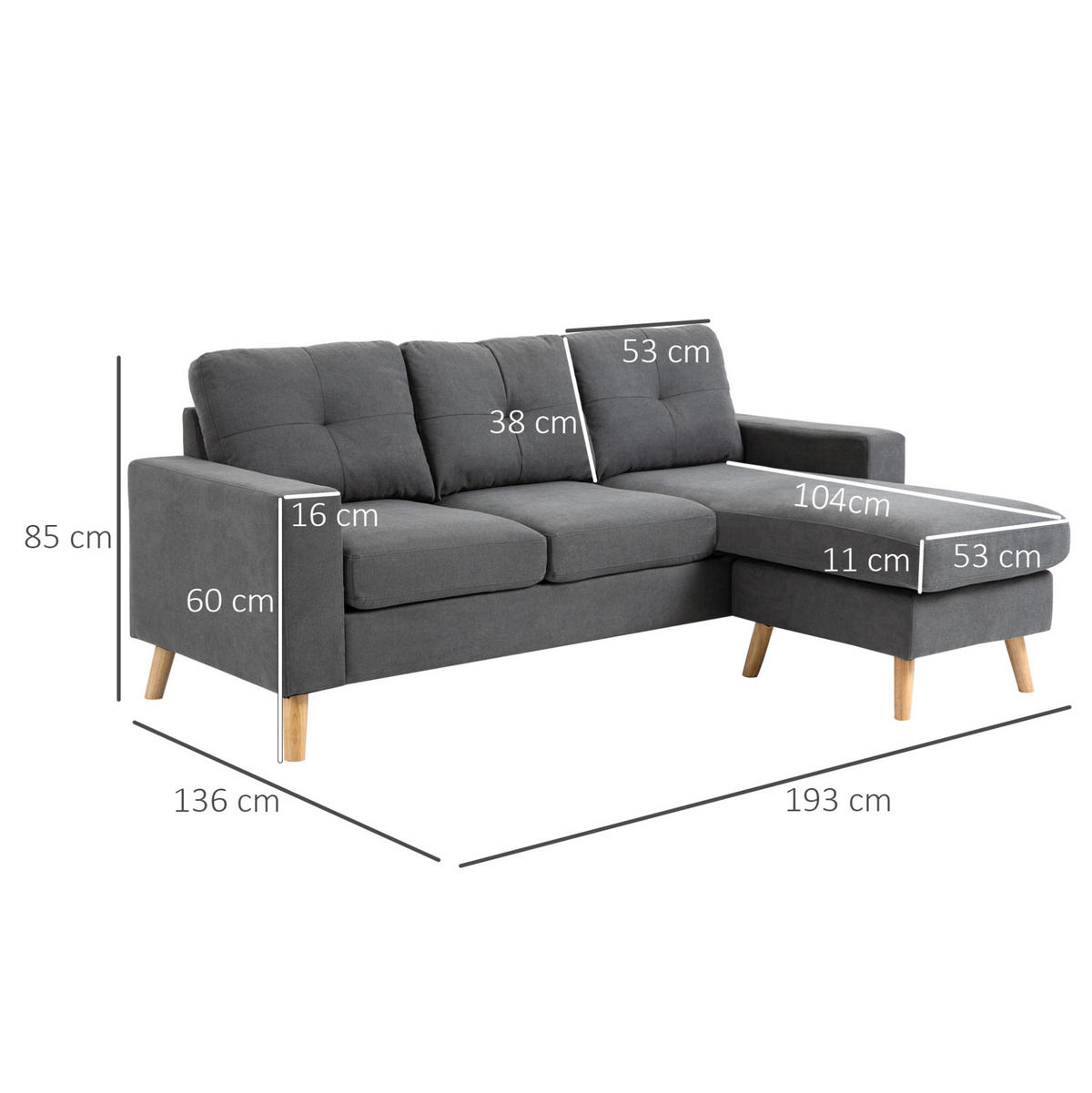 ECKSOFA aus Leinen 193x136x85 cm in Grau mit Chaiselongue - Grau, Textil (136/193cm) - Modfu