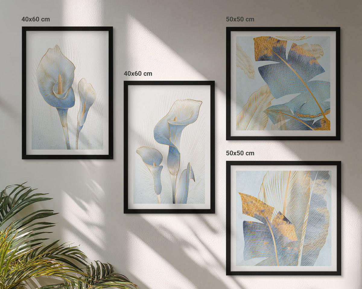 BILDER SET 4er Set - 50x50 cm & 40x60 cm Schwarzer Rahmen - Blaue Blumen im Hintergrund - Schwarz, Kunststoff (50/50cm) - TULUP