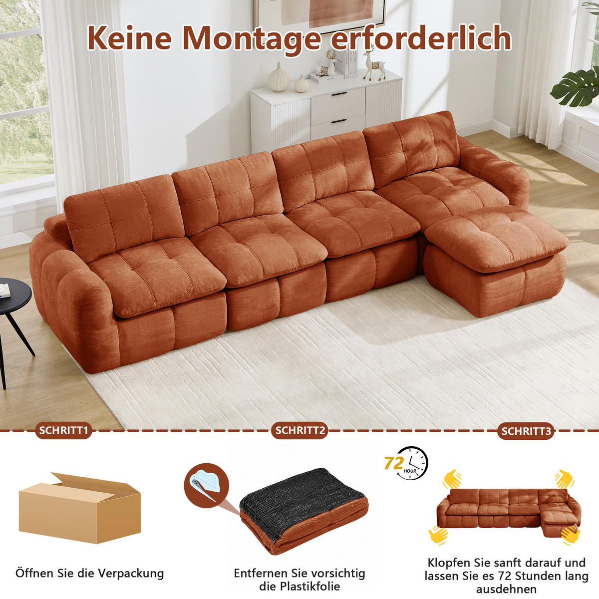 ECKSOFA 334/160/68 cm Orange Chenille mit 1 Fußhocker - Orange, Textil (334/160cm) - Oxeza