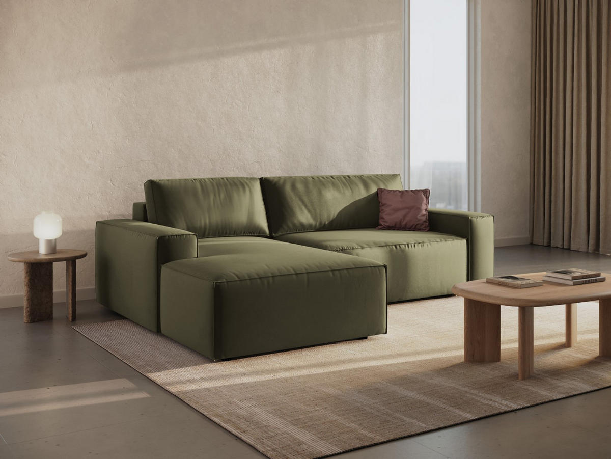 ECKSOFA ausklappbar links mit Container Jodie aus Samt grün 3 Sitzplätze - Grün, Textil (246/151cm) - Micadoni