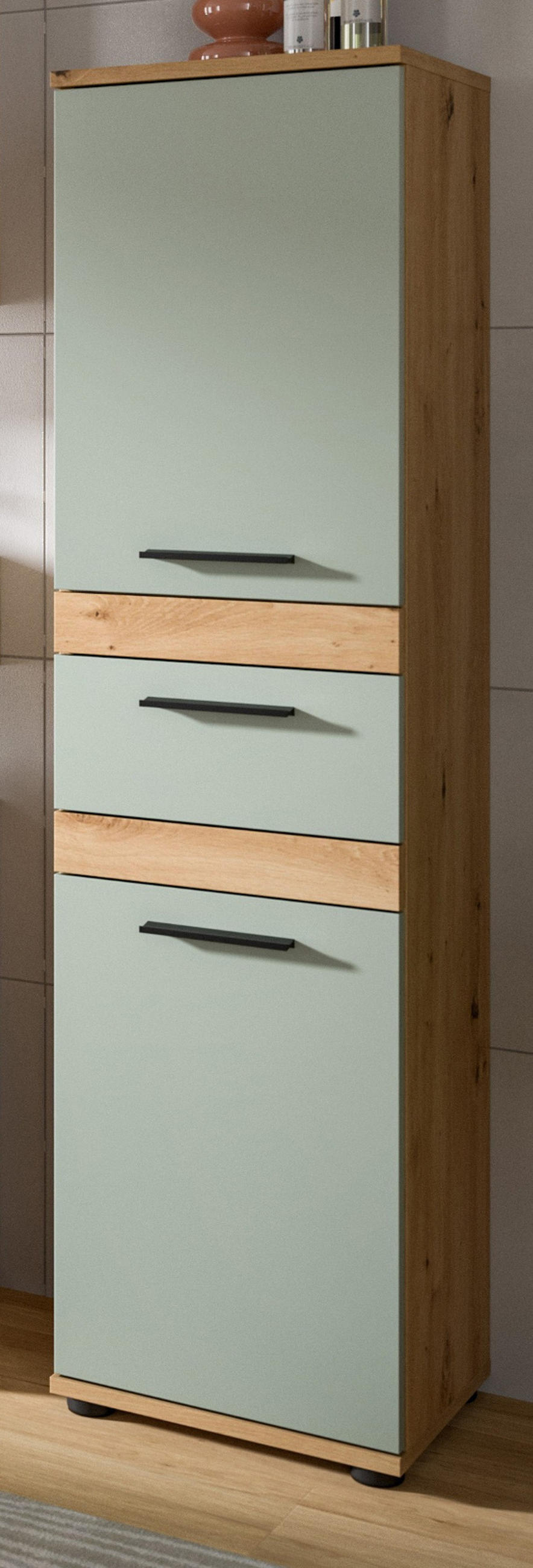 MIDISCHRANK Salbei, Artisan Eiche 35 x 137 cm, Badschrank in modernem Design - Salbeigrün/Schwarz, Holzwerkstoff/Kunststoff (35/137/31cm) - Inn.Furn
