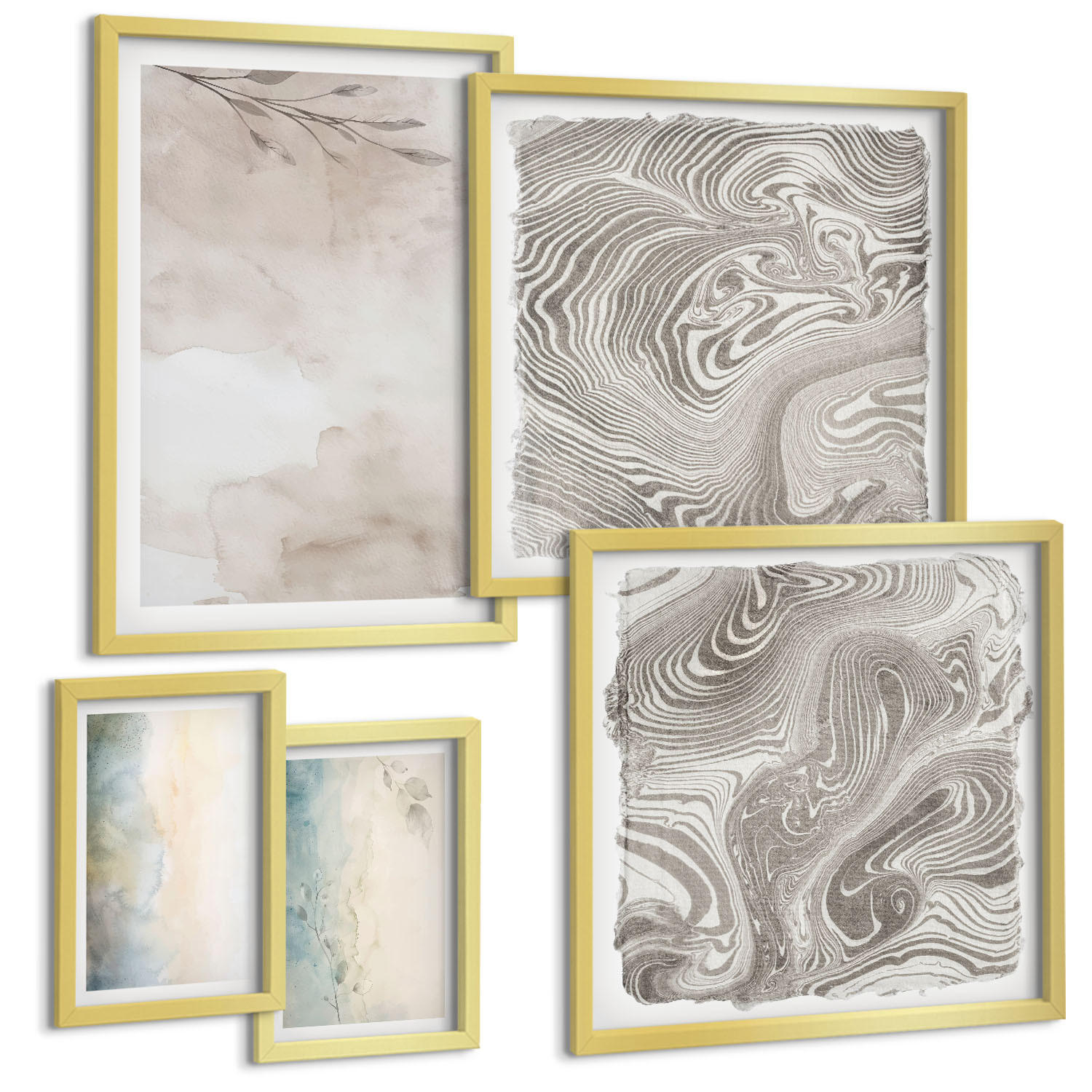 BILDER SET 5er Set - 50x50 cm & 20x30 cm & 40x60 cm Goldrahmen - Zarte Aquarellkartons - Goldfarben, Kunststoff (40/60cm) - TULUP