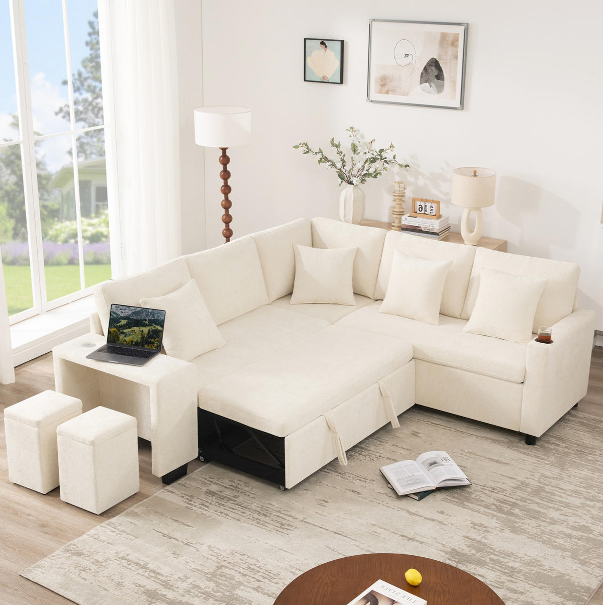 ECKSOFA 220/205/86,5 cm beige aus Chenille mit Schlaffunktion - Beige, Textil (205/220cm) - OKWISH