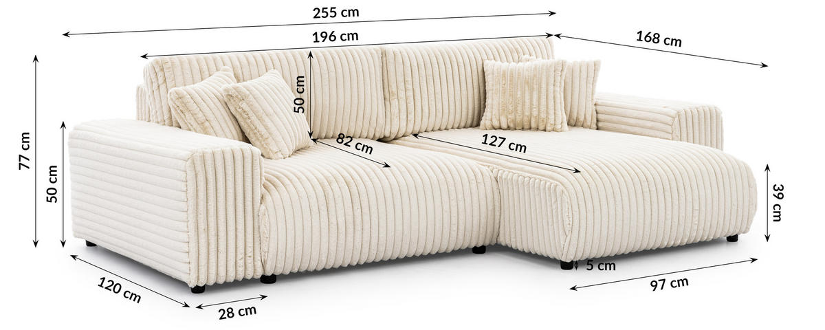 ECKSOFA Mollis Hellbeige Plüschcord - Ottomane Rechts - Beige/Schwarz, Holz/Kunststoff (255/168cm) - S-Style Möbel
