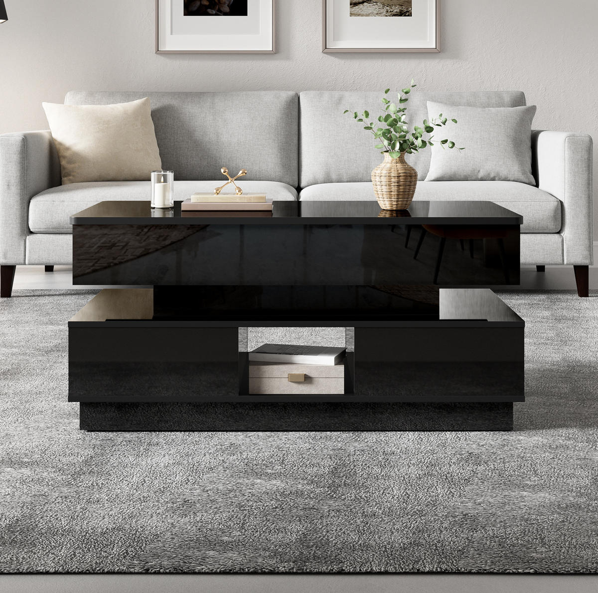 COUCHTISCH aus MDF 90x48x42,5 cm Schwarz hochglänzend mit Höhenverstellung, LED-Beleuchtung und Steckdose - Schwarz, Holzwerkstoff (90/48/42.5cm) - IVMEU