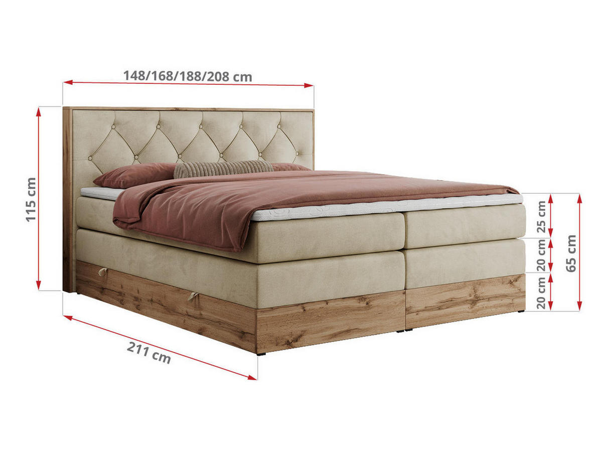 BOXSPRINGBETT VENETO KING 180/200 Beige Velvet - H3 - Beige, Holz/Textil (180/200cm) - MKS