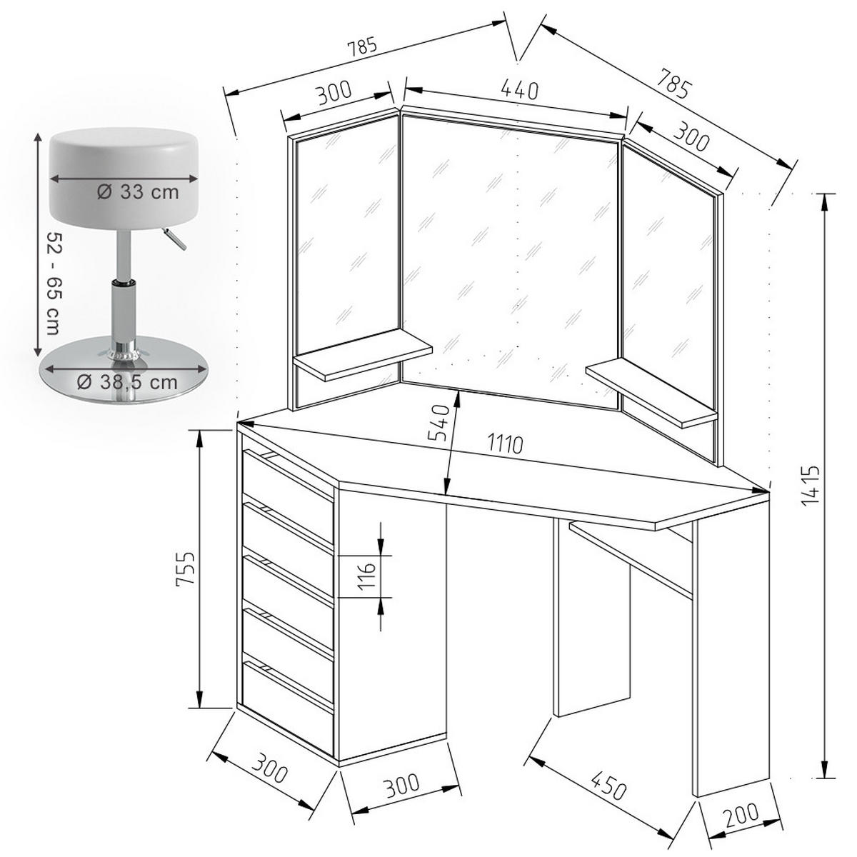 ECKSCHMINKTISCH Arielle Weiß 110 cm mit Hocker - Weiß, Holzwerkstoff (110/141.5/54cm) - Vicco