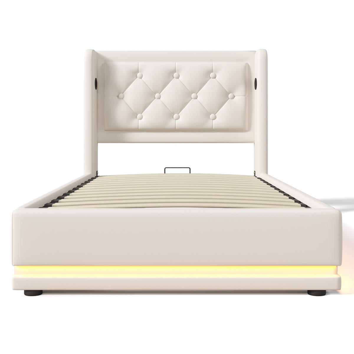 POLSTERBETT 90/200 cm Weiß PU mit hydraulischem Stauraum und USB-Anschlüssen - Weiß, Kunststoff (90/200cm) - OKWISH