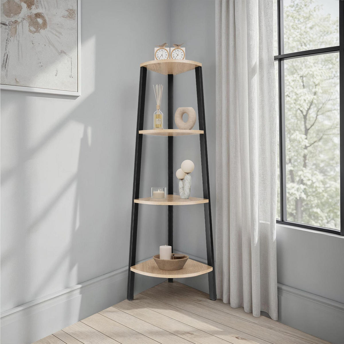 ECKREGAL Newbridge,inklusive Kippschutz, 34 x 34 x 125 cm,Industrial Holz hell, Eiche Sonoma - Naturfarben, Holzwerkstoff (34/125/34cm) - tectake