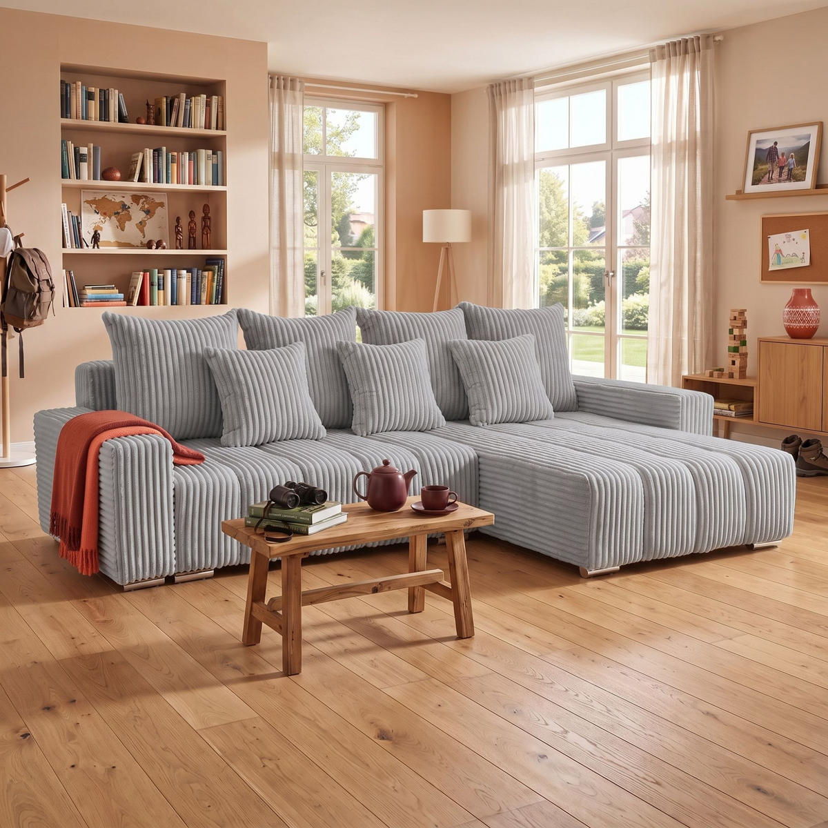 ECKSOFA PIANO L Rechts mit Schlaffunktion 137x234 Cord Grau - Silberfarben/Grau, Holz/Textil (178/278cm) - Muffo