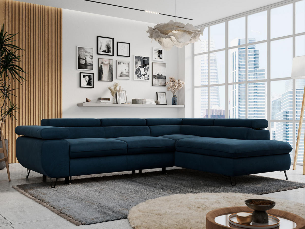 ECKSOFA PETER L Dunkelblau Velvet - Rechts Seite - Schwarz/Dunkelblau, Textil/Metall (273/208cm) - MKS
