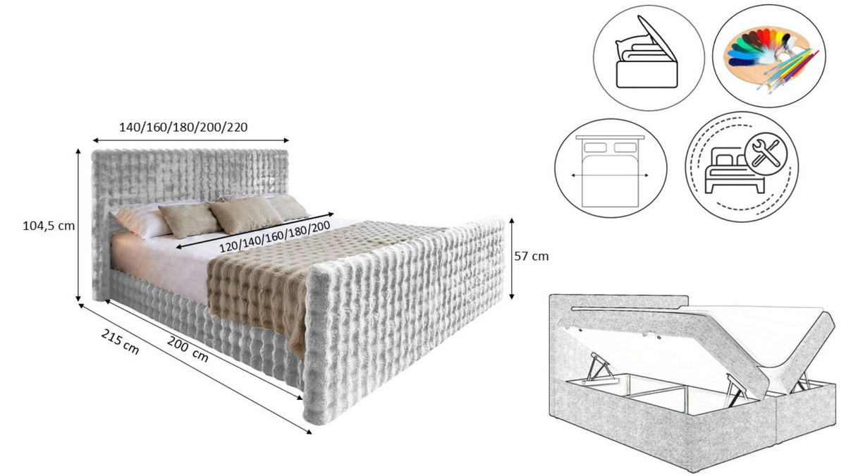 BOXBETT Mit Bettkasten, Matratze Und Topper BLANKET Stoff Bubble 160x200 cm Hellgrau H2-Pocket - Hellgrau, Holz/Textil (160/200cm) - Kaiser Möbel