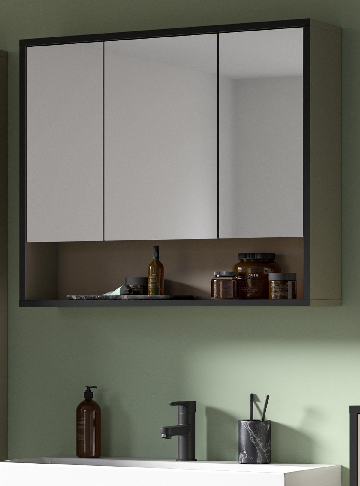 SPIEGELSCHRANK schwarz, sand 80 cm 3-türig, Badschrank mit Soft-Close - Sandfarben/Schwarz, Glas/Holzwerkstoff (80/68/19cm) - Inn.Furn