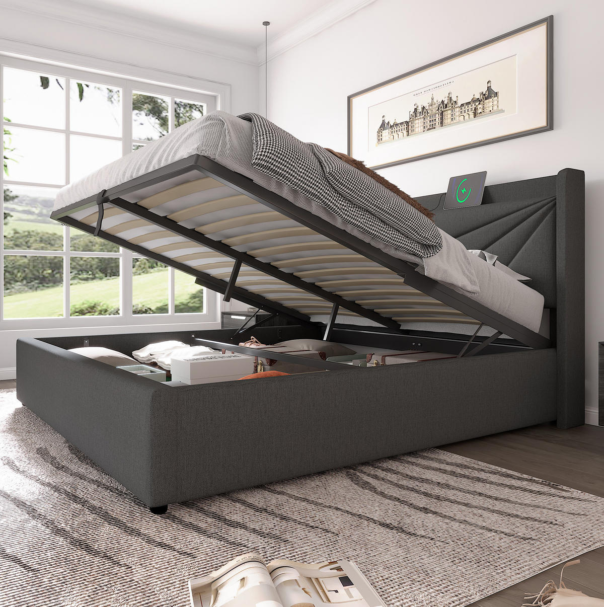 BETT mit Bettkasten und USB/Typ-C 180x200 cm Grau - Grau, Metall (180/200cm) - Meubliv