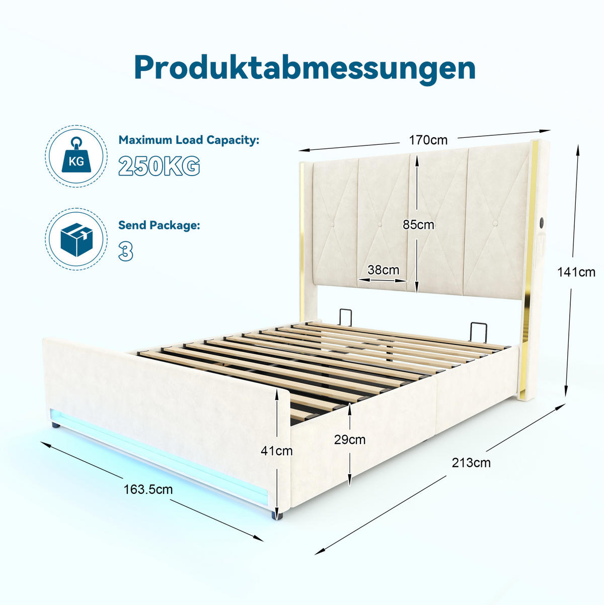 POLSTERBETT 160/200 cm mit USB, Type-C, LED und Bettkasten, Beige - Beige, Textil (160/200cm) - Redom