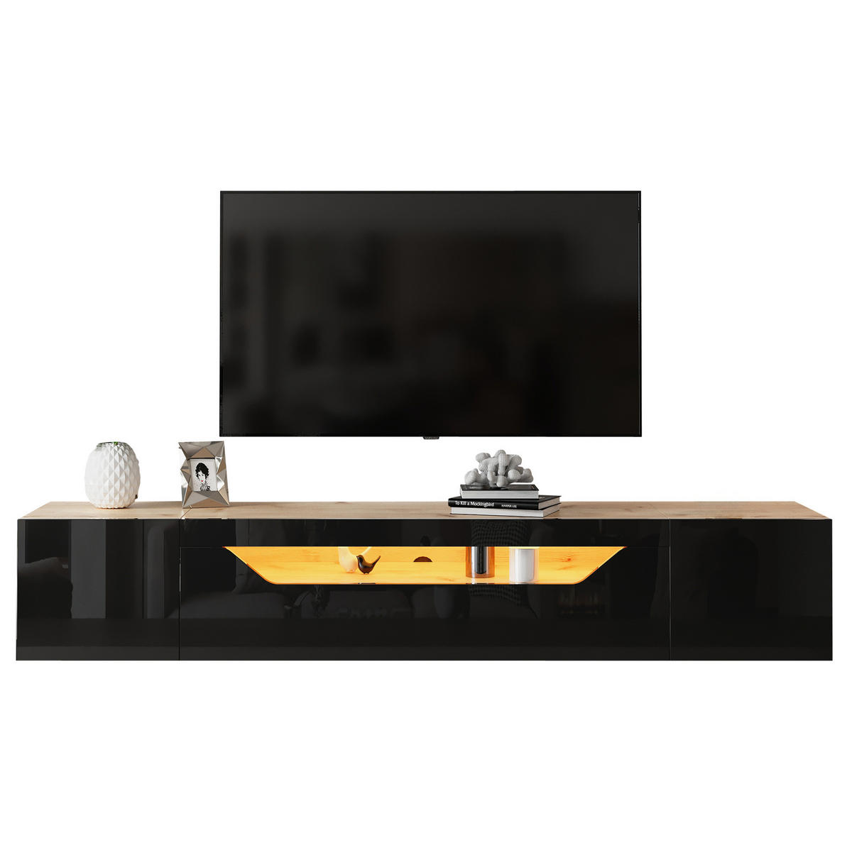 TV-SCHRANK 170/36/55 cm weiß MDF mit Goldverzierungen und Soft-Close-Scharniere - Schwarz, Holzwerkstoff (180/36/37cm) - OKWISH