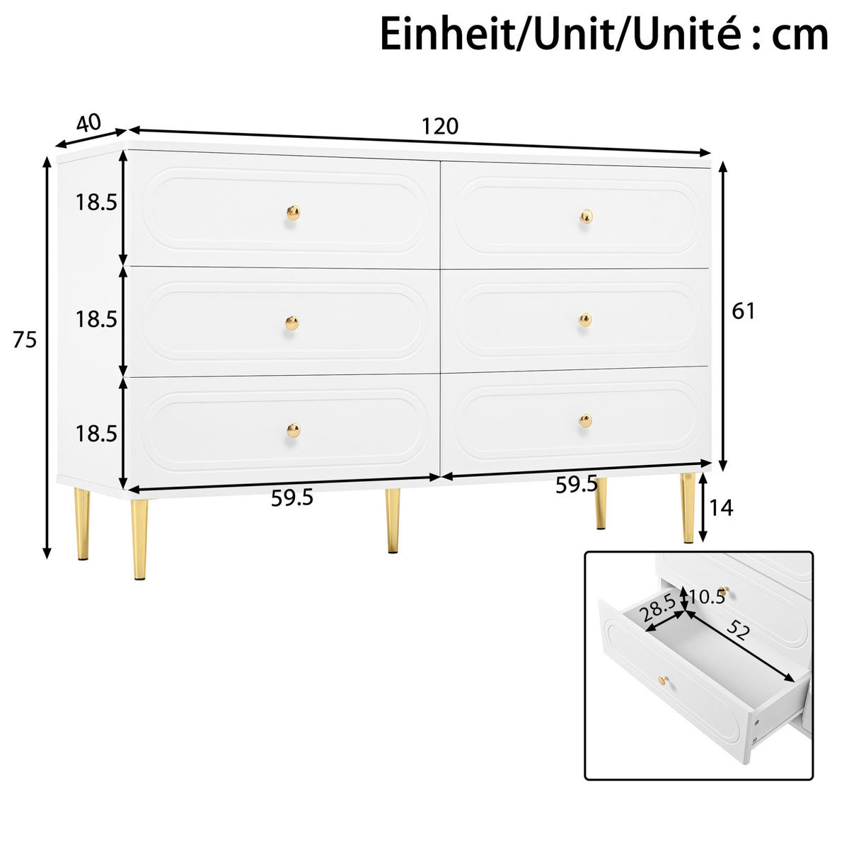 SIDEBOARD 120/40/75 cm Weiß aus MDF und Holzwerkstoff mit 6 Schubladen - Weiß, Holzwerkstoff (120/75/40cm) - OKWISH