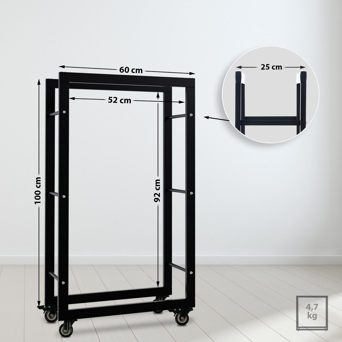 KAMINHOLZREGAL 60/25/100 cm Metall schwarz - Schwarz, Metall (60/100/25cm) - CLP