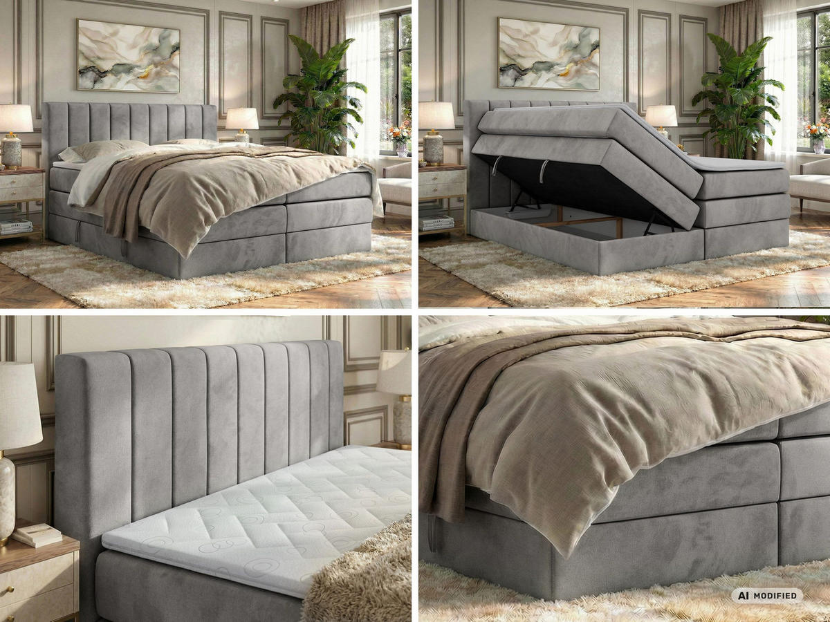 BOXSPRINGBETT ALVER KING 200/200 - Hellgrau Velvet - Topper T25 - H3 - Hellgrau/Schwarz, Kunststoff/Textil (200/200cm) - MKS