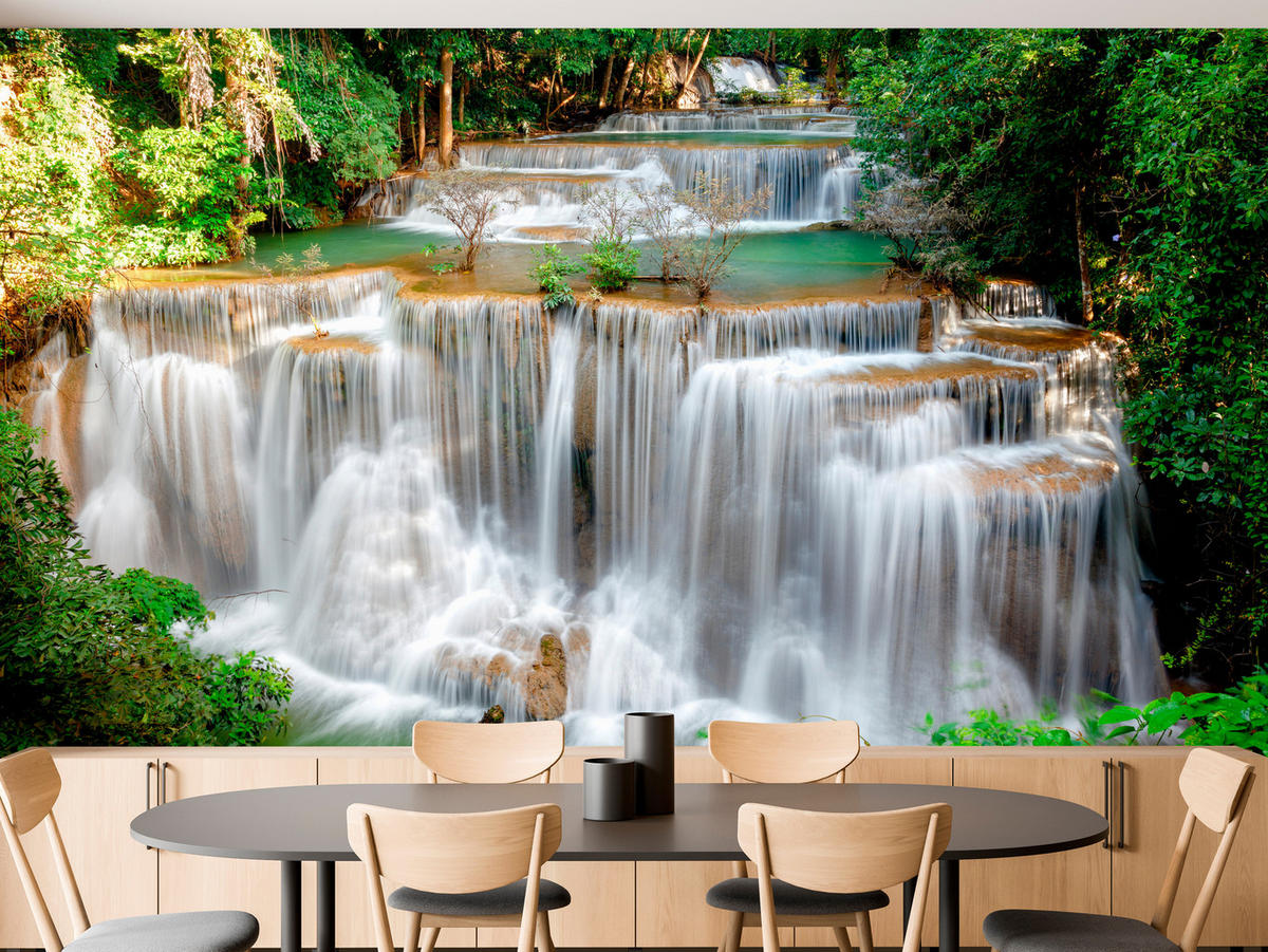 FOTOTAPETE für Esszimmer Panorama Waldwasserfall Bäume Pflanzen Natur 300x210 - Beige/Braun, Papier (300/210cm) - Muralo