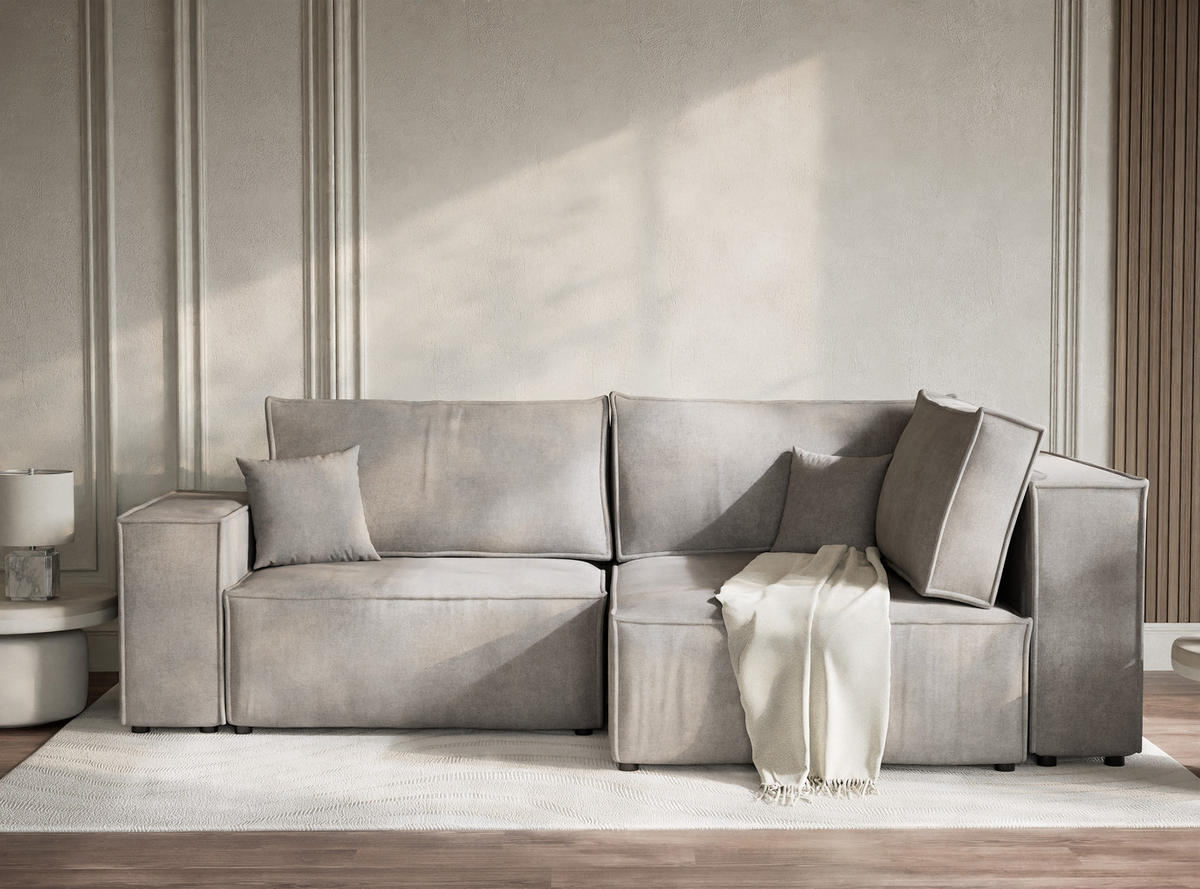 ECKSOFA MIT SCHLAFFUNKTION Tonga Grau Beige Webstoff - Greige/Schwarz, Holz/Holzwerkstoff (253/105cm) - Maison de Reve